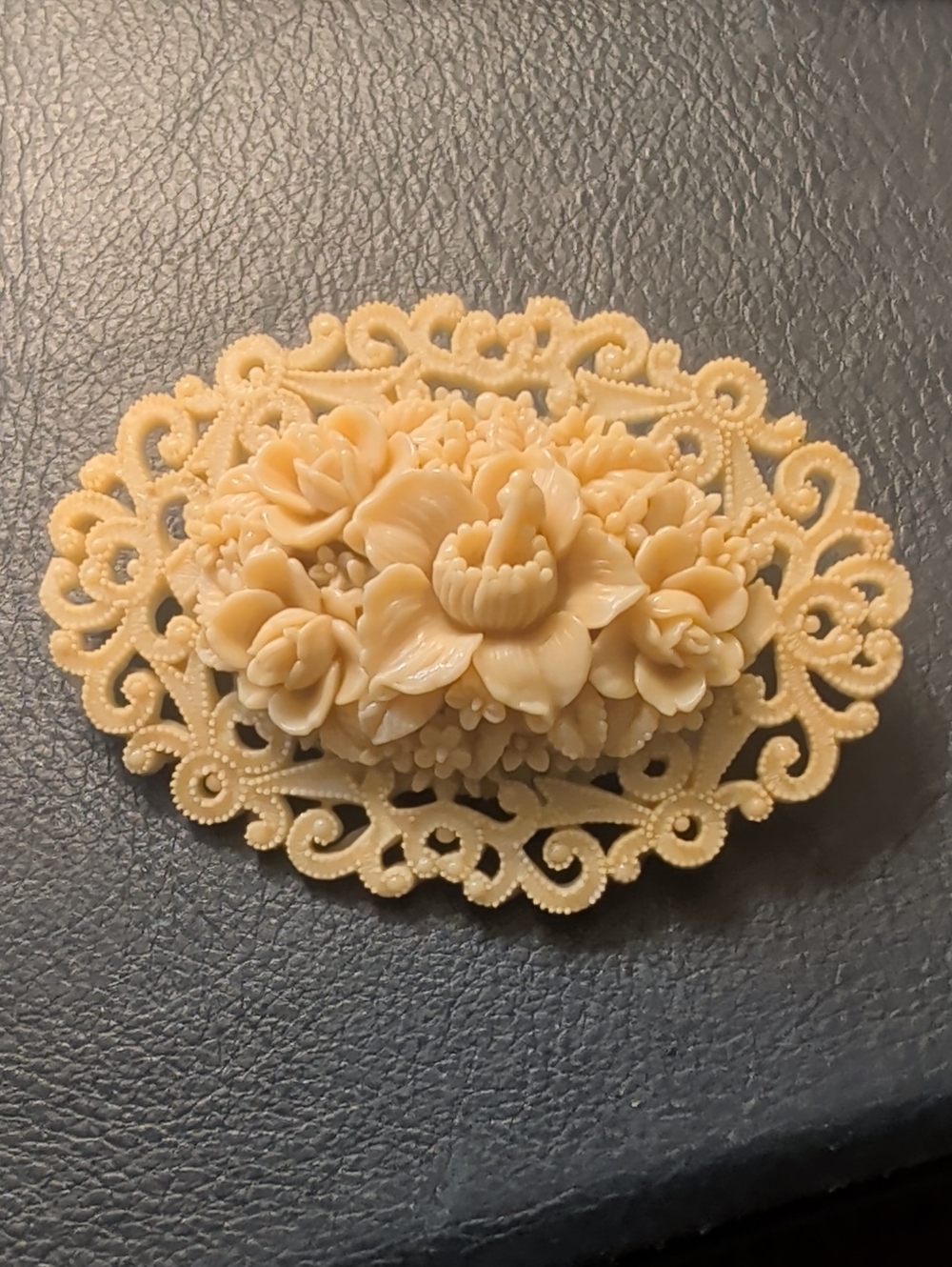 Vintage Brooch Celluloid 1930's Floral Ivory Color Cream Pin Has Been Replaced